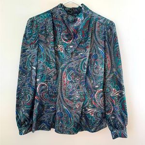 Autograph Vintage 80s Paisley Satin Scarf Neck Blouse